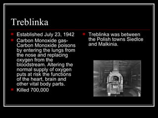 Treblinka Established July 23, 1942 Carbon Monoxide gas- Carbon Monoxide poisons by entering the lungs from the nose and replacing oxygen from the bloodstream. Altering the normal supply of oxygen puts at risk the functions of the heart, brain and other vital body parts.  Killed 700,000 Treblinka was between the Polish towns Siedlce and Malkinia. 