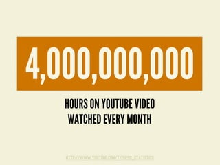 http://www.youtube.com/t/press_statistics
HOURS ON YOUTUBE VIDEO
WATCHED EVERY MONTH
4,000,000,000
 
