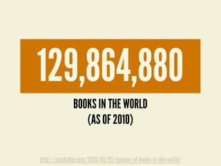 http://mashable.com/2010/08/05/number-of-books-in-the-world/
129,864,880
BOOKS IN THE WORLD
(AS OF 2010)
 