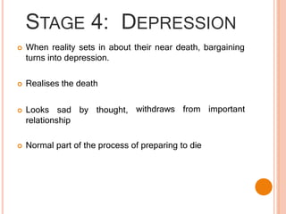 STAGE 4: DEPRESSION
 When reality sets in about their near death, bargaining
turns into depression.
 Realises the death
 Looks sad by thought,
relationship
withdraws from important
 Normal part of the process of preparing to die
 