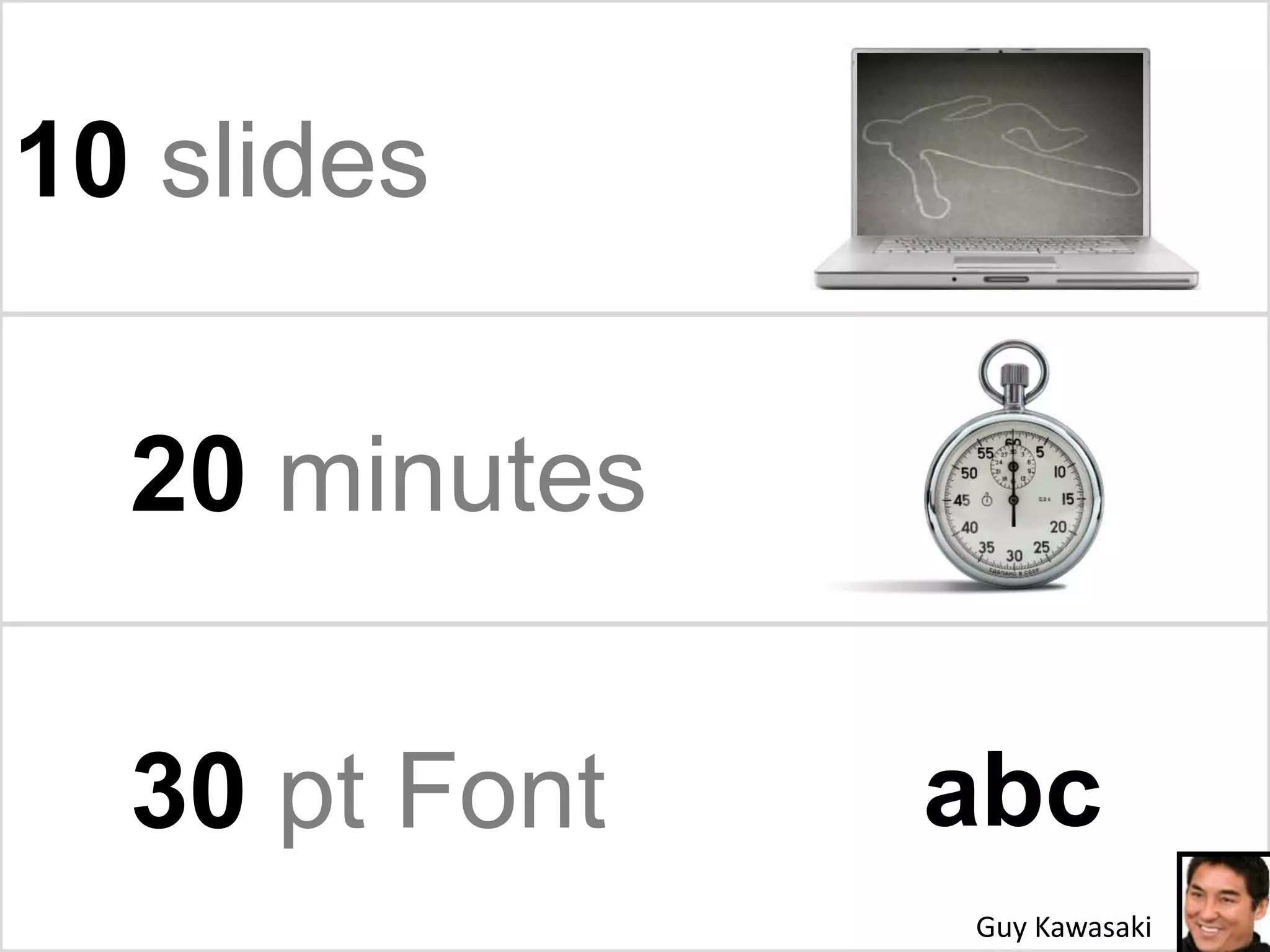 10 slides    20 minutes    30 pt FontabcGuy Kawasaki