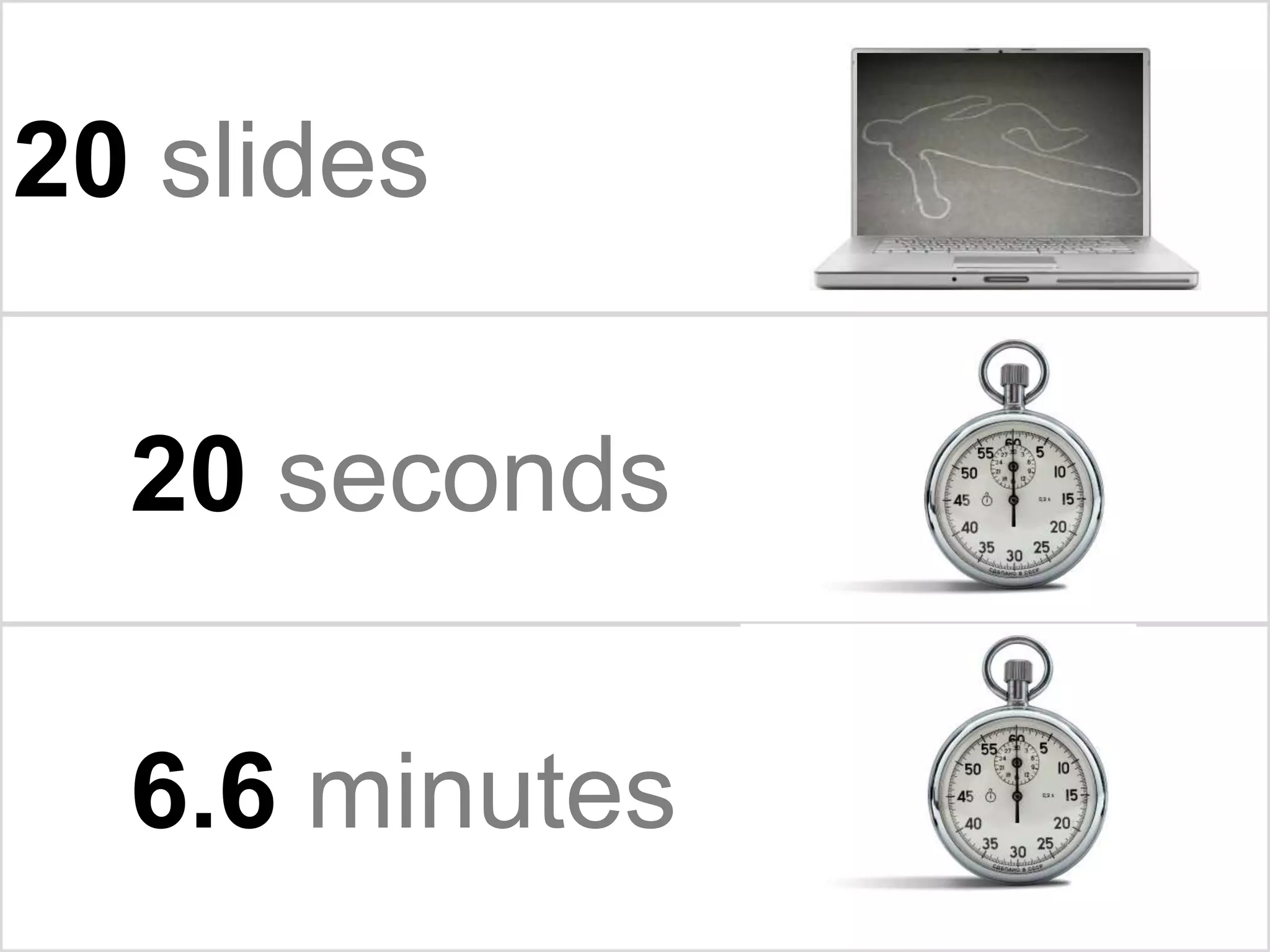 20 slides    20 seconds    6.6 minutes