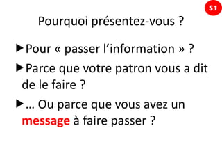 S1
    Pourquoi présentez-vous ?

Pour « passer l’information » ?
Parce que votre patron vous a dit
 de le faire ?
… Ou parce que vous avez un
 message à faire passer ?
 