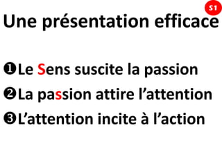 S1

Une présentation efficace

Le Sens suscite la passion
La passion attire l’attention
L’attention incite à l’action
 