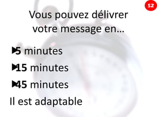 S2

    Vous pouvez délivrer
     votre message en…
 minutes
  5
 minutes
  15
 minutes
  45
Il est adaptable
 