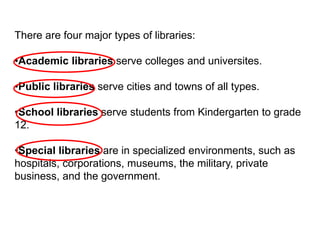 There are four major types of libraries:
•Academic libraries serve colleges and universites.
•Public libraries serve cities and towns of all types.
•School libraries serve students from Kindergarten to grade
12.
•Special libraries are in specialized environments, such as
hospitals, corporations, museums, the military, private
business, and the government.
 