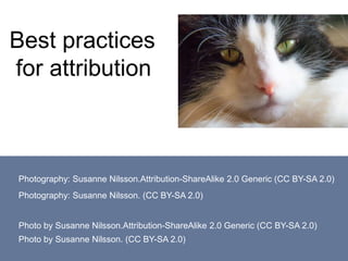 Photography: Susanne Nilsson.Attribution-ShareAlike 2.0 Generic (CC BY-SA 2.0)
Photography: Susanne Nilsson. (CC BY-SA 2.0)
Photo by Susanne Nilsson.Attribution-ShareAlike 2.0 Generic (CC BY-SA 2.0)
Photo by Susanne Nilsson. (CC BY-SA 2.0)
Best practices
for attribution
 