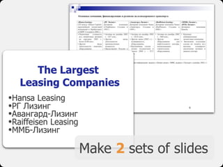 The Largest
   Leasing Companies
•Hansa Leasing
•РГ Лизинг
•Авангард-Лизинг
•Raiffeisen Leasing
•ММБ-Лизинг
                      Make 2 sets of slides
 