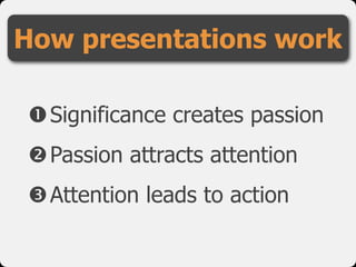How presentations work

Significance creates passion
Passion attracts attention
Attention leads to action
 