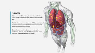 Cancer
Sitting more than 8 hours daily increases the risk for lung
cancer by 54%, uterine cancer by 66% and colon cancer by
30%.
This is likely due to hormonal changes (IGF-1), excessive insulin
secretion, a state of constant inflammation and decreased
production of antioxidant enzymes.
Obesity has also been linked to cancers involving the
esophagusn, stomach, liver, blood, brain, pancreas, colon
(intestine), gallbladder, breasts and ovaries.
 