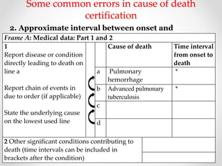 Some common errors in cause of death
certification
2. Approximate interval between onset and
deathFrame A: Medical data: Part 1 and 2
1
Report disease or condition
directly leading to death on
line a
Report chain of events in
due to order (if applicable)
State the underlying cause
on the lowest used line
Cause of death Time interval
from onset to
death
a Pulmonary
hemorrhage
*
b Advanced pulmonary
tuberculosis
*
c
d
2 Other significant conditions contributing to
death (time intervals can be included in
brackets after the condition)
 