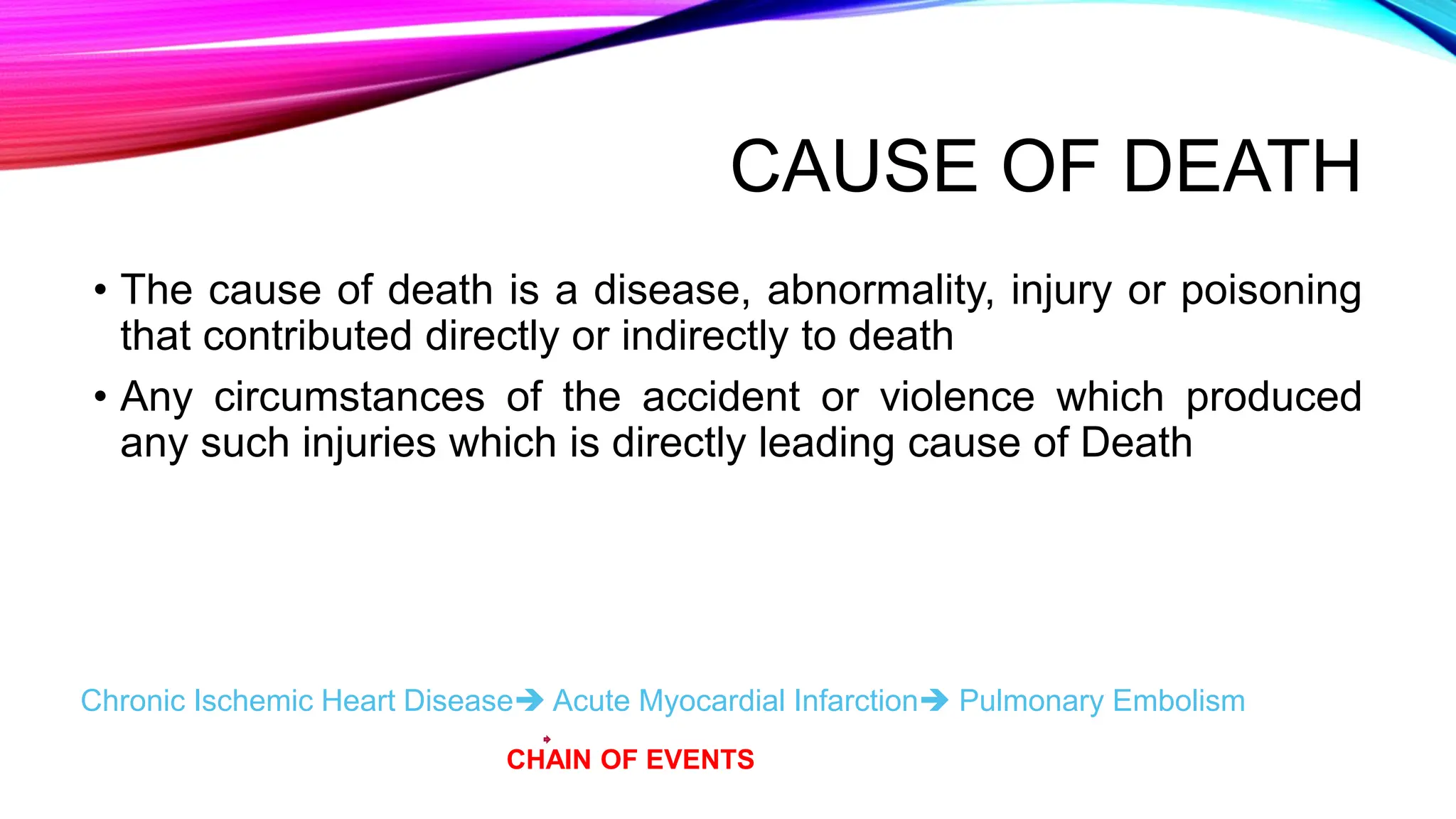 CAUSE OF DEATH
• The cause of death is a disease, abnormality, injury or poisoning
that contributed directly or indirectly to death
• Any circumstances of the accident or violence which produced
any such injuries which is directly leading cause of Death
Chronic Ischemic Heart Disease Acute Myocardial Infarction Pulmonary Embolism
CHAIN OF EVENTS
 