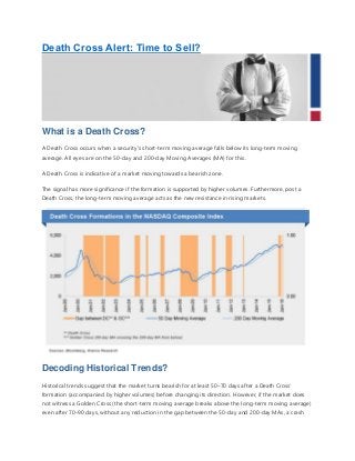Death Cross Alert: Time to Sell?
What is a Death Cross?
A Death Cross occurs when a security’s short-term moving average falls below its long-term moving
average. All eyes are on the 50-day and 200-day Moving Averages (MA) for this.
A Death Cross is indicative of a market moving towards a bearish zone.
The signal has more significance if the formation is supported by higher volumes. Furthermore, post a
Death Cross, the long-term moving average acts as the new resistance in rising markets.
Decoding Historical Trends?
Historical trends suggest that the market turns bearish for at least 50–70 days after a Death Cross’
formation (accompanied by higher volumes) before changing its direction. However, if the market does
not witness a Golden Cross (the short-term moving average breaks above the long-term moving average)
even after 70–90 days, without any reduction in the gap between the 50-day and 200-day MAs, a crash
 
