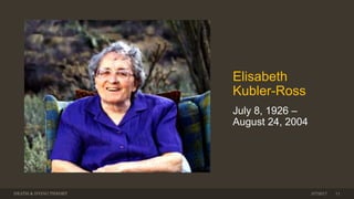 Elisabeth
Kubler-Ross
July 8, 1926 –
August 24, 2004
DEATH & DYING THEORY 113/7/2017
 