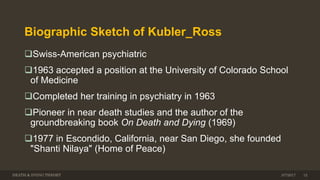 Biographic Sketch of Kubler_Ross
Swiss-American psychiatric
1963 accepted a position at the University of Colorado School
of Medicine
Completed her training in psychiatry in 1963
Pioneer in near death studies and the author of the
groundbreaking book On Death and Dying (1969)
1977 in Escondido, California, near San Diego, she founded
"Shanti Nilaya" (Home of Peace)
DEATH & DYING THEORY 123/7/2017
 