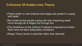 Criticisms Of Kubler-ross Theory
There exists no real evidence that stages are present in coping
with death
No evidence that people coping with their impending death
move through all of stages one through five
The limitations on the method of research employed by Kubler-
Ross have not been adequately considered
Stage Theory tends to prescribe rather than describe
DEATH & DYING THEORY 3/7/2017 18
 