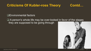 Criticisms Of Kubler-ross Theory Contd…
Environmental factors
 A person's whole life may be over-looked in favor of the stages
they are supposed to be going through
DEATH & DYING THEORY 3/7/2017 19
 