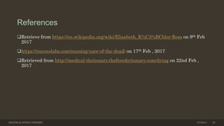 References
Retrieve from https://en.wikipedia.org/wiki/Elisabeth_K%C3%BCbler-Ross on 9th Feb
2017
https://nurseslabs.com/nursing-care-of-the-dead/ on 17th Feb , 2017
Retrieved from http://medical-dictionary.thefreedictionary.com/dying on 22nd Feb ,
2017
DEATH & DYING THEORY 383/7/2017
 