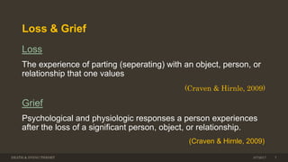 Loss & Grief
Loss
The experience of parting (seperating) with an object, person, or
relationship that one values
(Craven & Hirnle, 2009)
Grief
Psychological and physiologic responses a person experiences
after the loss of a signiﬁcant person, object, or relationship.
(Craven & Hirnle, 2009)
DEATH & DYING THEORY 73/7/2017
 