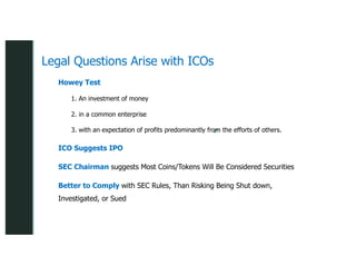 z
z
Legal Questions Arise with ICOs
Howey Test
1. An investment of money
2. in a common enterprise
3. with an expectation of profits predominantly from the efforts of others.
ICO Suggests IPO
SEC Chairman suggests Most Coins/Tokens Will Be Considered Securities
Better to Comply with SEC Rules, Than Risking Being Shut down,
Investigated, or Sued
 