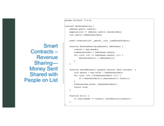 z
Smart
Contracts –
Revenue
Sharing—
Money Sent
Shared with
People on List
§contract Token {
§ mapping(address => uint256) public balanceOf; string public name;
§ string public symbol; uint8 public decimal;
§ event Transfer(address indexed from, address indexed to, unt256 value);
§ function Token(uint256 intialSupply, string tokenName, string tokenSymbol,
uint8 decimalUnites){
§ balanceOf(msg.sender) = initialSupply; totalSupply = initialSupply
§ decimal +tokenSymbol; name = tokenName;
§ }
§ function transfer(address _to, uint256 _value){ If(balanceOf [msg.sender] <
_vlaue) throw;
§ //253, 8 bit, 10 253+10 =8 ; 8
§
§
 