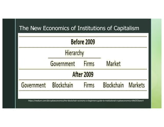 zThe New Economics of Institutions of Capitalism
https://medium.com/@cryptoeconomics/the-blockchain-economy-a-beginners-guide-to-institutional-cryptoeconomics-64bf2f2beec4
 