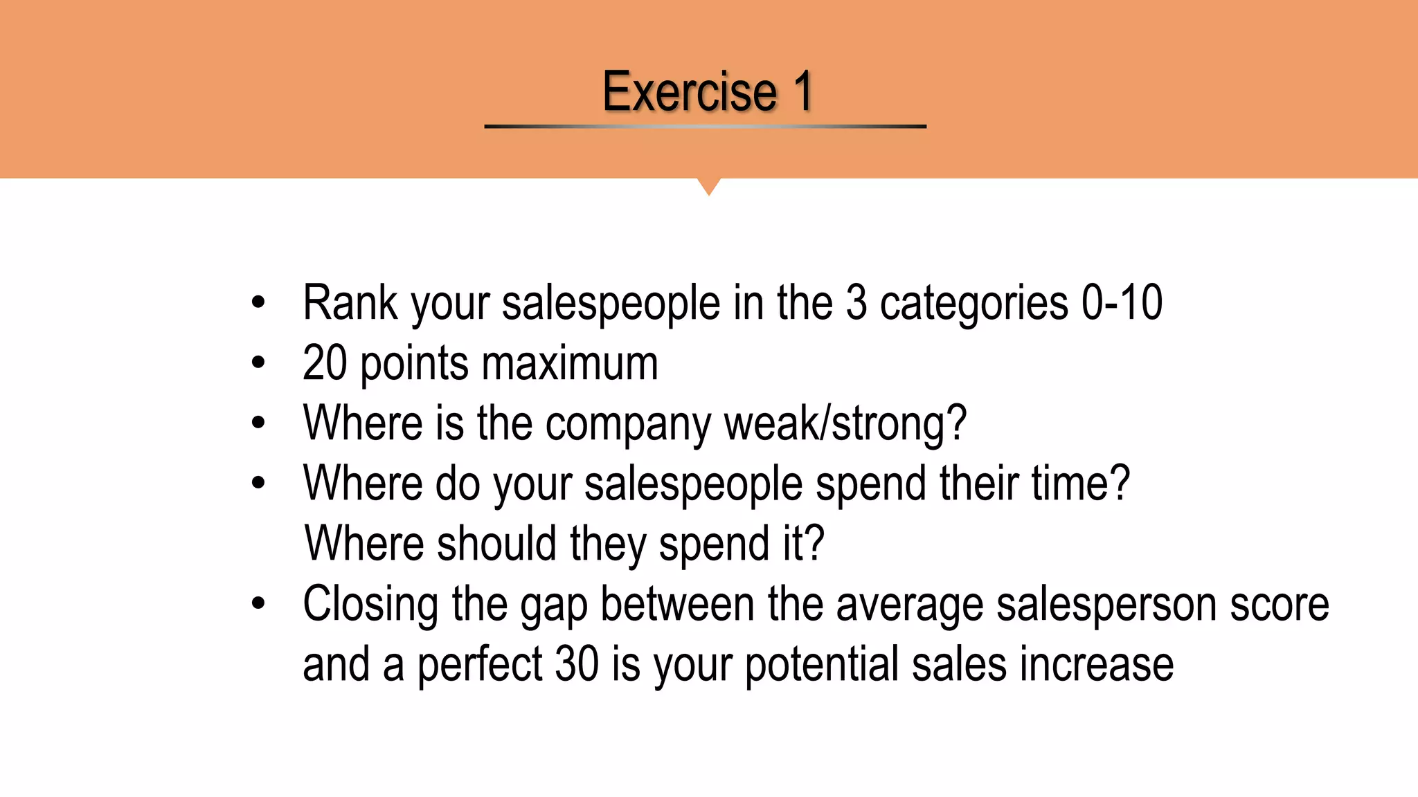 • Rank your salespeople in the 3 categories 0-10
• 20 points maximum
• Where is the company weak/strong?
• Where do your salespeople spend their time?
Where should they spend it?
• Closing the gap between the average salesperson score
and a perfect 30 is your potential sales increase
Exercise 1
 