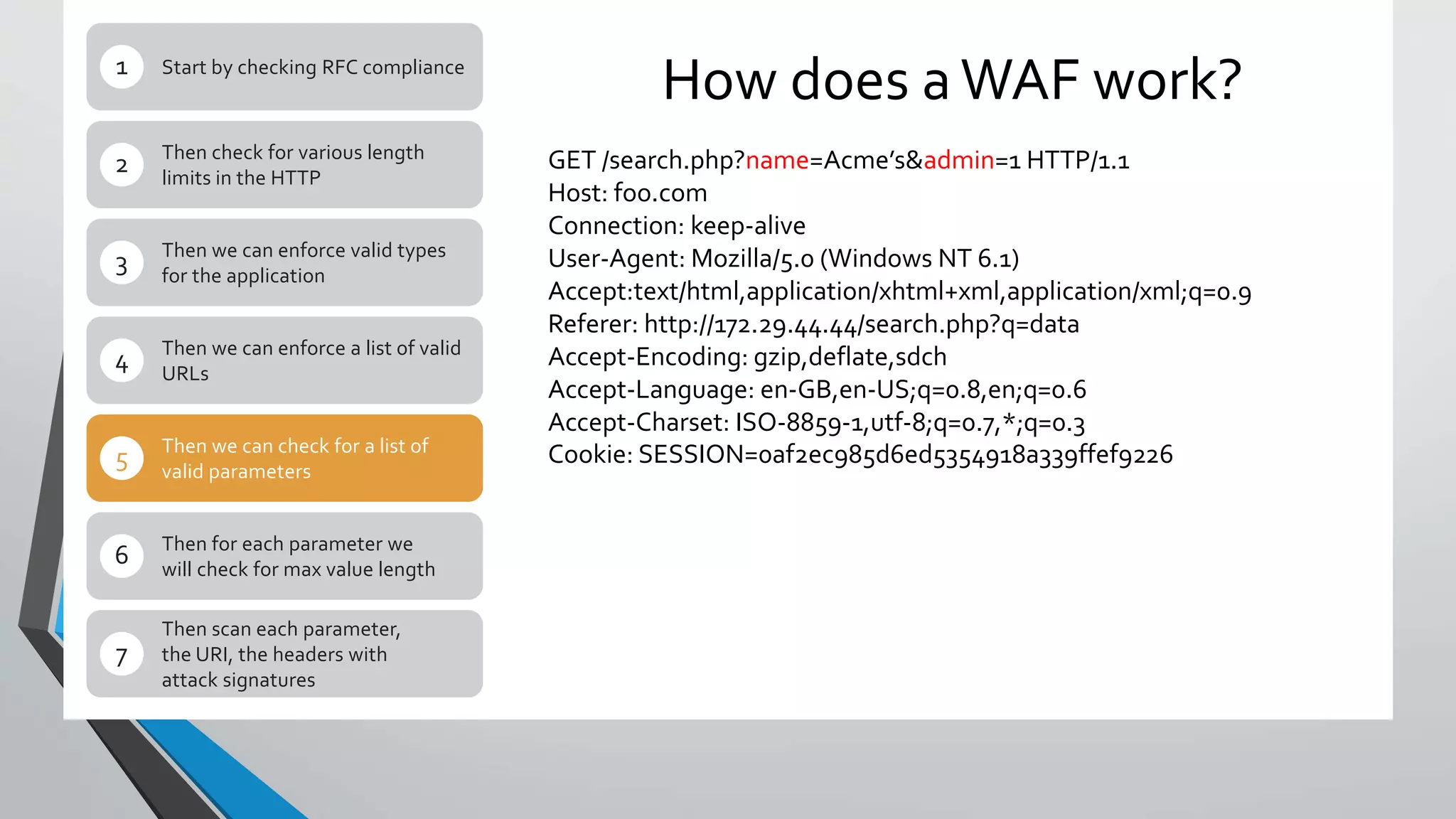 How does aWAF work?Start by checking RFC compliance1
Then check for various length
limits in the HTTP
2
Then we can enforce valid types
for the application
3
Then we can enforce a list of valid
URLs
4
Then we can check for a list of
valid parameters
5
Then for each parameter we
will check for max value length
6
Then scan each parameter,
the URI, the headers with
attack signatures
7
GET /search.php?name=Acme’s&admin=1 HTTP/1.1
Host: foo.comrn
Connection: keep-alivern
User-Agent: Mozilla/5.0 (Windows NT 6.1)rn
Accept:text/html,application/xhtml+xml,application/xml;q=0.9r
Referer: http://172.29.44.44/search.php?q=datarn
Accept-Encoding: gzip,deflate,sdchrn
Accept-Language: en-GB,en-US;q=0.8,en;q=0.6rn
Accept-Charset: ISO-8859-1,utf-8;q=0.7,*;q=0.3rn
Cookie: SESSION=0af2ec985d6ed5354918a339ffef9226
 