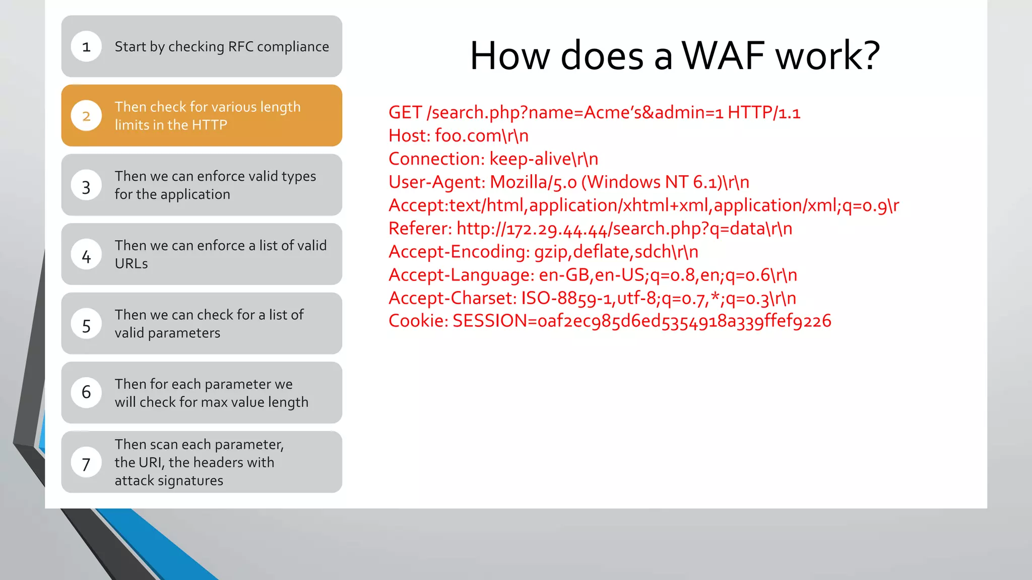 How does aWAF work?Start by checking RFC compliance1
Then check for various length
limits in the HTTP
2
Then we can enforce valid types
for the application
3
Then we can enforce a list of valid
URLs
4
Then we can check for a list of
valid parameters
5
Then for each parameter we
will check for max value length
6
Then scan each parameter,
the URI, the headers with
attack signatures
7
GET /search.php?name=Acme’s&admin=1 HTTP/1.1
Host: foo.comrn
Connection: keep-alivern
User-Agent: Mozilla/5.0 (Windows NT 6.1)rn
Accept:text/html,application/xhtml+xml,application/xml;q=0.9r
Referer: http://172.29.44.44/search.php?q=datarn
Accept-Encoding: gzip,deflate,sdchrn
Accept-Language: en-GB,en-US;q=0.8,en;q=0.6rn
Accept-Charset: ISO-8859-1,utf-8;q=0.7,*;q=0.3rn
Cookie: SESSION=0af2ec985d6ed5354918a339ffef9226
 