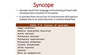 Syncope
• Syncope result from stoppage of functioning of heart with
consequencent cessation of circulation
• In syncope there occurs loss of consciousness with posture
collapse due to an acute decrease in cerebral blood flow
 