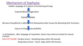 Mechanism of Asphyxia:
Sudden stoppage of or failure of functioning of lungs
Impaired Blood Oxygenation
TISSUSE ANOXIA
Nervous tissue(Brain) is affected first followed by other tissues by disturbing their functions.
Failure of Vital Centre & DEATH.
In all Asphyxia , after stoppage of respiration ,Heart may continue to beat for several
minutes.
RULE OF THUMB : Cardiac Arrest – breathing stops within 20 seconds
Respiratory Arrest – Heart stops within 20 minutes.
 