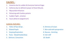 CAUSES :
1. Anaemia due to sudden & Excessive haemorrhage.
2. Asthenia due to deficient power of Heart Muscle.
3. Myocardial Infraction
4. Poisoning with Cardiac poisons
5. Sudden fright , emotion
6. Injury (blow to epigastrium)
CLINICAL FEATURES :
1. Pallor of face & lips . 6. Dimness of vision
2. Dilated Pupils 7. Skin-cold with perspiration
3. Gasping Respiration 8. Nausea , Vomiting
4. Pulse - Weak/Feeble/Slow 9. Fall in BP
5. Delirium, Convulsion 10. Death
 