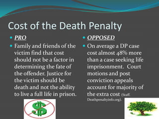 Cost of the Death Penalty
 PRO                              OPPOSED
 Family and friends of the        On average a DP case
 victim find that cost             cost almost 48% more
 should not be a factor in         than a case seeking life
 determining the fate of           imprisonment. Court
 the offender. Justice for         motions and post
 the victim should be              conviction appeals
 death and not the ability         account for majority of
 to live a full life in prison.    the extra cost (Staff.
                                   Deathpenaltyinfo.org).
 