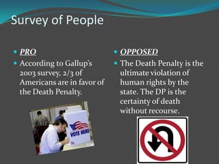 Survey of People

 PRO                         OPPOSED
 According to Gallup’s       The Death Penalty is the
 2003 survey, 2/3 of          ultimate violation of
 Americans are in favor of    human rights by the
 the Death Penalty.           state. The DP is the
                              certainty of death
                              without recourse.
 