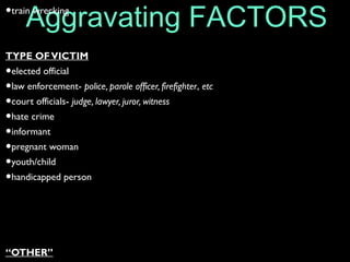 Aggravating FACTORS
•
•train wrecking
TYPE OFVICTIM
•elected official
•law enforcement- police, parole officer, firefighter, etc
•court officials- judge, lawyer, juror, witness
•hate crime
•informant
•pregnant woman
•youth/child
•handicapped person
“OTHER”
 
