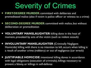 Severity of Crimes
• FIRST-DEGREE MURDER: committed with deliberate and
premeditated malice (also if victim is police officer or witness to a crime)
• SECOND-DEGREE MURDER: committed with malice, but without
deliberation or premeditation
• VOLUNTARY MANSLAUGHTER: killing done in the heat of
moment, provoked by acts of the victim (such as violent assault)
• INVOLUNTARY MANSLAUGHTER (Criminally Negligent
Homicide) killing with there is no intention to kill, occurs when killing is
a result of another crime (robbery) or out of negligence (car wreck)
• JUSTIFIABLE HOMICIDE: intentional killing dones in accordance
with legal obligations (execution of criminals), killings necessary to
prevent a felony, or killings in self-defense
 