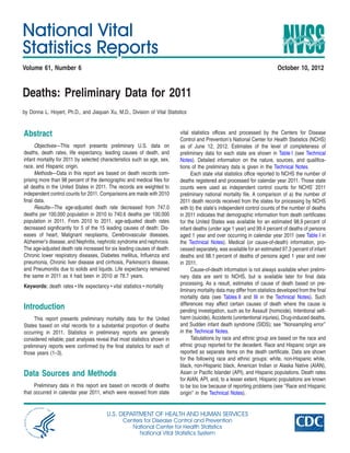 National Vital
Statistics Reports
Volume 61, Number 6 October 10, 2012
Deaths: Preliminary Data for 2011
by Donna L. Hoyert, Ph.D., and Jiaquan Xu, M.D., Division of Vital Statistics
Abstract
Objectives—This report presents preliminary U.S. data on
deaths, death rates, life expectancy, leading causes of death, and
infant mortality for 2011 by selected characteristics such as age, sex,
race, and Hispanic origin.
Methods—Data in this report are based on death records com-
prising more than 98 percent of the demographic and medical files for
all deaths in the United States in 2011. The records are weighted to
independent control counts for 2011. Comparisons are made with 2010
final data.
Results—The age-adjusted death rate decreased from 747.0
deaths per 100,000 population in 2010 to 740.6 deaths per 100,000
population in 2011. From 2010 to 2011, age-adjusted death rates
decreased significantly for 5 of the 15 leading causes of death: Dis-
eases of heart, Malignant neoplasms, Cerebrovascular diseases,
Alzheimer’s disease, and Nephritis, nephrotic syndrome and nephrosis.
The age-adjusted death rate increased for six leading causes of death:
Chronic lower respiratory diseases, Diabetes mellitus, Influenza and
pneumonia, Chronic liver disease and cirrhosis, Parkinson’s disease,
and Pneumonitis due to solids and liquids. Life expectancy remained
the same in 2011 as it had been in 2010 at 78.7 years.
Keywords: death rates c life expectancy c vital statistics c mortality
Introduction
This report presents preliminary mortality data for the United
States based on vital records for a substantial proportion of deaths
occurring in 2011. Statistics in preliminary reports are generally
considered reliable; past analyses reveal that most statistics shown in
preliminary reports were confirmed by the final statistics for each of
those years (1–3).
Data Sources and Methods
Preliminary data in this report are based on records of deaths
that occurred in calendar year 2011, which were received from state
vital statistics offices and processed by the Centers for Disease
Control and Prevention’s National Center for Health Statistics (NCHS)
as of June 12, 2012. Estimates of the level of completeness of
preliminary data for each state are shown in Table I (see Technical
Notes). Detailed information on the nature, sources, and qualifica-
tions of the preliminary data is given in the Technical Notes.
Each state vital statistics office reported to NCHS the number of
deaths registered and processed for calendar year 2011. Those state
counts were used as independent control counts for NCHS’ 2011
preliminary national mortality file. A comparison of a) the number of
2011 death records received from the states for processing by NCHS
with b) the state’s independent control counts of the number of deaths
in 2011 indicates that demographic information from death certificates
for the United States was available for an estimated 98.9 percent of
infant deaths (under age 1 year) and 99.4 percent of deaths of persons
aged 1 year and over occurring in calendar year 2011 (see Table I in
the Technical Notes). Medical (or cause-of-death) information, pro-
cessed separately, was available for an estimated 97.3 percent of infant
deaths and 98.1 percent of deaths of persons aged 1 year and over
in 2011.
Cause-of-death information is not always available when prelimi-
nary data are sent to NCHS, but is available later for final data
processing. As a result, estimates of cause of death based on pre-
liminary mortality data may differ from statistics developed from the final
mortality data (see Tables II and III in the Technical Notes). Such
differences may affect certain causes of death where the cause is
pending investigation, such as for Assault (homicide), Intentional self-
harm (suicide), Accidents (unintentional injuries), Drug-induced deaths,
and Sudden infant death syndrome (SIDS); see ‘‘Nonsampling error’’
in the Technical Notes.
Tabulations by race and ethnic group are based on the race and
ethnic group reported for the decedent. Race and Hispanic origin are
reported as separate items on the death certificate. Data are shown
for the following race and ethnic groups: white, non-Hispanic white,
black, non-Hispanic black, American Indian or Alaska Native (AIAN),
Asian or Pacific Islander (API), and Hispanic populations. Death rates
for AIAN, API, and, to a lesser extent, Hispanic populations are known
to be too low because of reporting problems (see ‘‘Race and Hispanic
origin’’ in the Technical Notes).
U.S. DEPARTMENT OF HEALTH AND HUMAN SERVICES
Centers for Disease Control and Prevention
National Center for Health Statistics
National Vital Statistics System
 