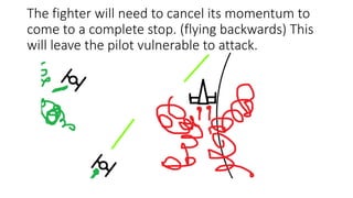 The fighter will need to cancel its momentum to
come to a complete stop. (flying backwards) This
will leave the pilot vulnerable to attack.
 