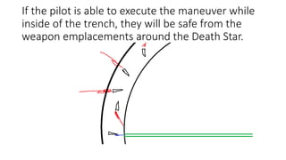 If the pilot is able to execute the maneuver while
inside of the trench, they will be safe from the
weapon emplacements around the Death Star.
 