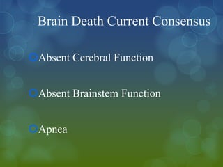 Brain Death Current Consensus

Absent Cerebral Function


Absent Brainstem Function


Apnea
 