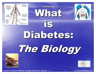 Death to
  Death to                                                                                   Body




                                 What
  Diabetes
  Diabetes
                                                            Pathophysiology
                                                            Pathophysiology         Spirit      Mind




                                  is
                               Diabetes:
                      The Biology
                                                                                                  cell




Copyright © protection 2006-2010 - All rights reserved by D. McCulley   9     www.DeathToDiabetes.com
 