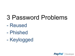 3 Password Problems
- Reused
- Phished
- Keylogged
 