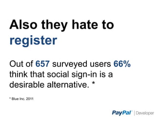 Also they hate to register
	
  
Out of 657 surveyed users 66% think that
social sign-in is a desirable alternative. *
* Blue Inc. 2011
 