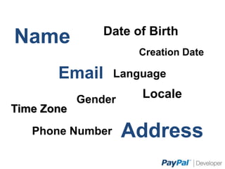 Name
Email
Date of Birth
Locale
Time Zone
Address
Gender
Language
Phone Number
Creation Date
 