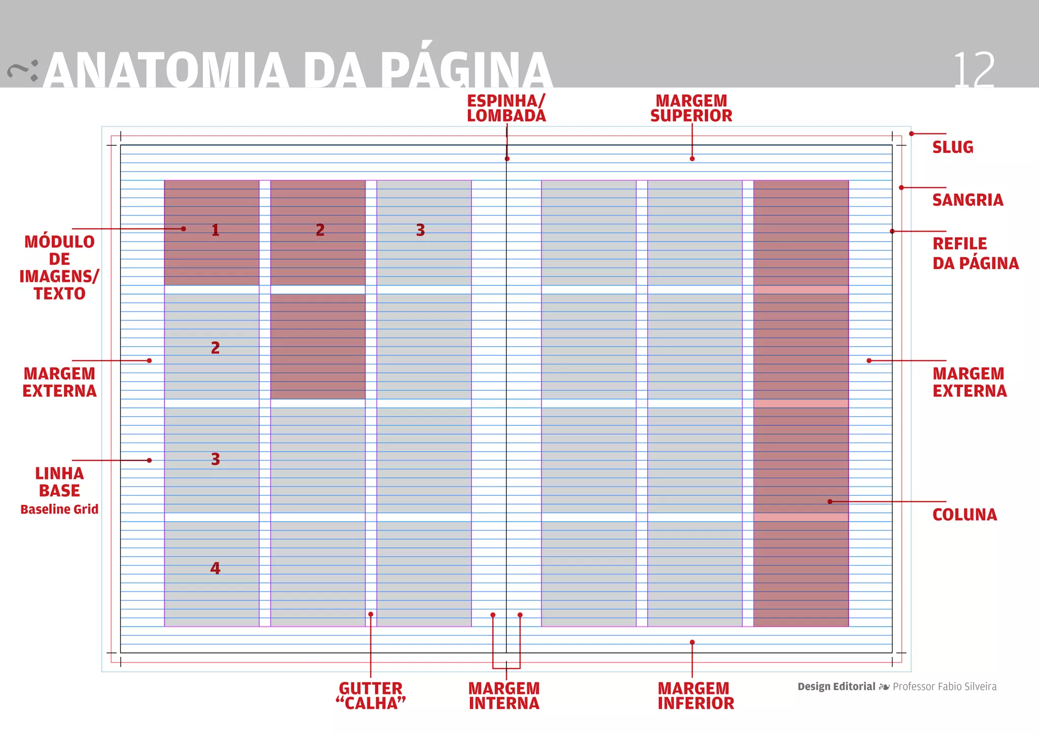 anatomia da página                 espinha/    margem
                                                                                             12
                                      lombada    superior
                                                                                         slug

                                                                                         sangria
                1   2             3
 módulo                                                                                  refile
    de                                                                                   da página
imagens/
  texto

                2
margem                                                                                   margem
externa                                                                                  externa


                3
  linha
  base
Baseline Grid                                                                            coluna

                4




                        Gutter        margem     margem     Design Editorial 4 Professor Fabio Silveira
                        “calha”       interna    inferior
 