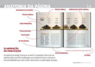anatomia da página                                                  texto tabela         crédito da foto/ gerais
                                                                                                                                  14
                retranca ou chapéu

                        título tabela




                     foto principal



                     título do box

                       texto box


                   nº de página



Elaboração
da publicação                                                                      Design de Fernanda Didini. Revista Saúde. Editora Abril

                                                                    texto principal
A essência do design impresso ou web é a repetição rítimca de um                                                            pi final
padrão básico que dê à publicação sua coerência visual. A estrutura
dà previsibilidade para que o leitor possa intuir a organização da peça.
                                                                                                  Design Editorial 4 Professor Fabio Silveira
 