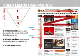 COmo lemos uma página?
profundidade
                                                                                          4
                    1
                    2
                    3
                                         800x600
                                             413 px
1. Nível primário Quem ou qual
é o assunto? Que serviço é oferecido?
Onde é o evento, etc.                    1024x768
                                             581 px
2. Nívelsecundário Outras leituras
importantes; leituras adicionais, etc.

3. último nível Detalhes


                                                      Design Editorial 4 Professor Fabio Silveira
 