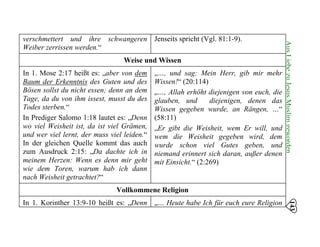 143
AusLiebezuJesusMuslimgeworden
verschmettert und ihre schwangeren
Weiber zerrissen werden.“
Jenseits spricht (Vgl. 81:1-9).
Weise und Wissen
In 1. Mose 2:17 heißt es: „aber von dem
Baum der Erkenntnis des Guten und des
Bösen sollst du nicht essen; denn an dem
Tage, da du von ihm issest, musst du des
Todes sterben.“
In Prediger Salomo 1:18 lautet es: „Denn
wo viel Weisheit ist, da ist viel Grämen,
und wer viel lernt, der muss viel leiden.“
In der gleichen Quelle kommt das auch
zum Ausdruck 2:15: „Da dachte ich in
meinem Herzen: Wenn es denn mir geht
wie dem Toren, warum hab ich dann
nach Weisheit getrachtet?“
„…, und sag: Mein Herr, gib mir mehr
Wissen!“ (20:114)
„…, Allah erhöht diejenigen von euch, die
glauben, und diejenigen, denen das
Wissen gegeben wurde, an Rängen, …“
(58:11)
„Er gibt die Weisheit, wem Er will, und
wem die Weisheit gegeben wird, dem
wurde schon viel Gutes geben, und
niemand erinnert sich daran, außer denen
mit Einsicht.“ (2:269)
Vollkommene Religion
In 1. Korinther 13:9-10 heißt es: „Denn „… Heute habe Ich für euch eure Religion
 