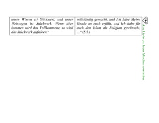 144
AusLiebezuJesusMuslimgeworden

unser Wissen ist Stückwert, und unser vollständig gemacht, und Ich habe Meine
Weissagen ist Stückwerk. Wenn aber Gnade an euch erfüllt, und Ich habe für
kommen wird das Vollkommene, so wird euch den Islam als Religion gewünscht,
das Stückwerk aufhören.“ …“ (5:3)
 