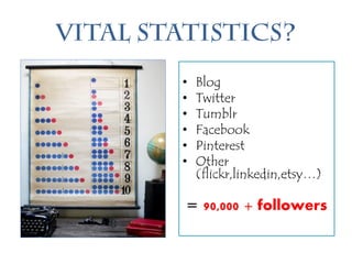 • Blog
• Twitter
• Tumblr
• Facebook
• Pinterest
• Other
(flickr,linkedin,etsy…)
= 90,000 + followers
 